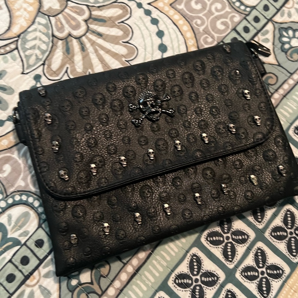 GothBB Fashion SKULL FACE STUDDED PURSE shoulder black faux leather grunge